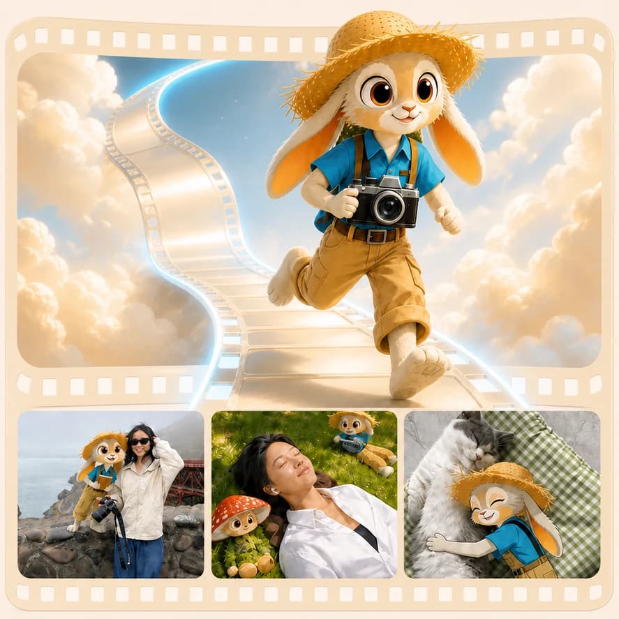 Momo running along a film path surrounded by shared memories