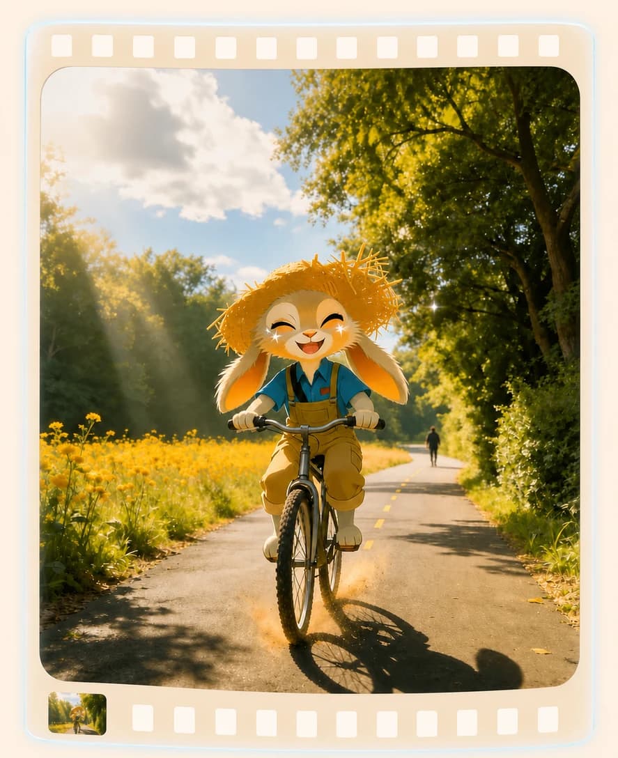 Momo riding a bicycle down the same sunlit path, framed as a memory on film